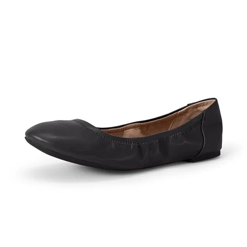 Amazon Essentials Women's Comfortable Round Toe Ballet Flats, Cushioned Memory Foam, Black Faux Leather, 8