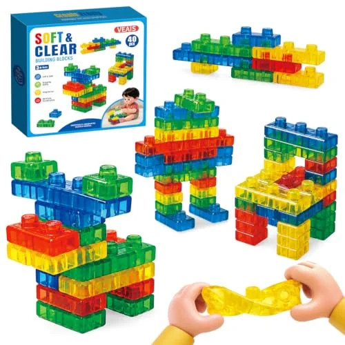 40 Pcs Sensory Soft Building Blocks for Kids, Squishy Stacking Toy,Montessori Squeezable, Stretchable Building Set,STEM Early Learning Construction Playset,Preschool Educational Play,Puzzle Blocks Toy