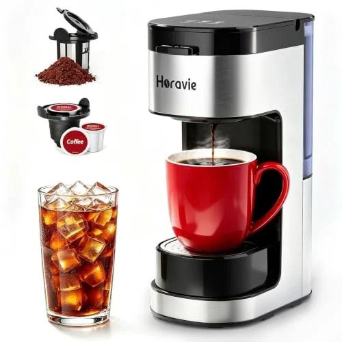 Horavie Single Serve Coffee Maker, Hot and Iced Coffee Maker for Pod and Ground, 6 to 14 Oz Brew Sizes Single Cup Coffee Maker with Descaling Alert, Ideal for Home, Travel, RV and Dorm,Black
