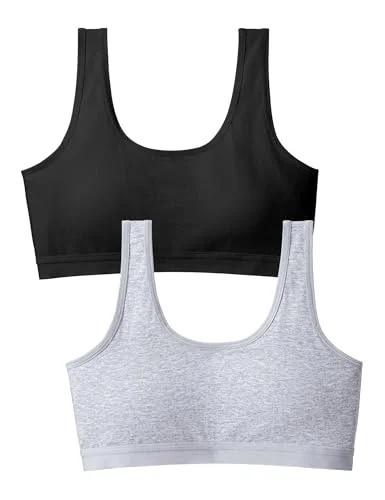 BOOPH Girls Cotton Training Bras Light Crop Cami Sports Bra for Teen Girls 11-12 Years Black/Gray