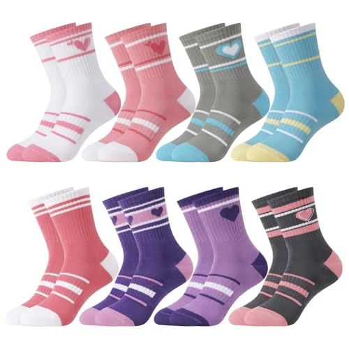 scenicamp 8 Pack Kids Athletic Crew Socks 6-9 Years Blue Purple Gray Pink
