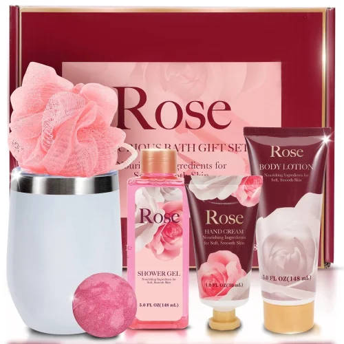 Green Canyon Spa Gift Baskets for Women, Rose Scent Bath Sets with Tumbler, Happy Birthday Gifts Ideas for Her