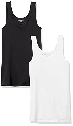 Amazon Essentials Women's Slim-Fit Ribbed Scoop Neck Tank Tops, Pack of 2, Black/White, Medium