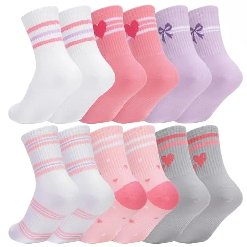 soxitoevy Girls Socks Kids Athletic Crew Socks, 6-8 Years Old, 6 Pairs