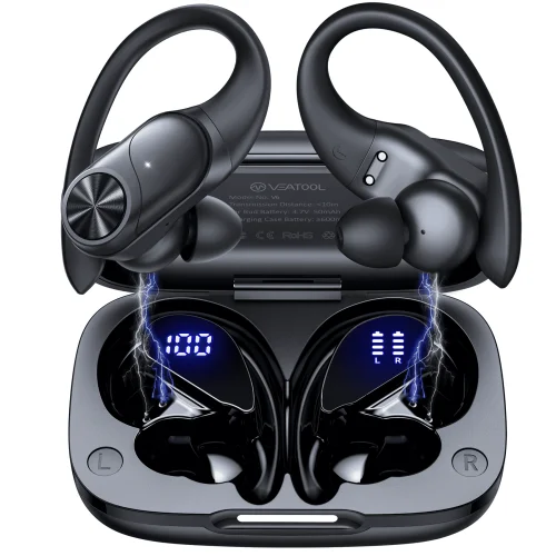 VEAT00L V6 Bluetooth Wireless Sport Earbuds with Earhook, Digital Display Case, and IPX7 Waterproof