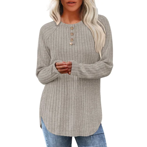 TEMOFON Long Sleeve Women's Loose Fit Dressy Casual Button Crew Neck Pullover Knit Sweater Top
