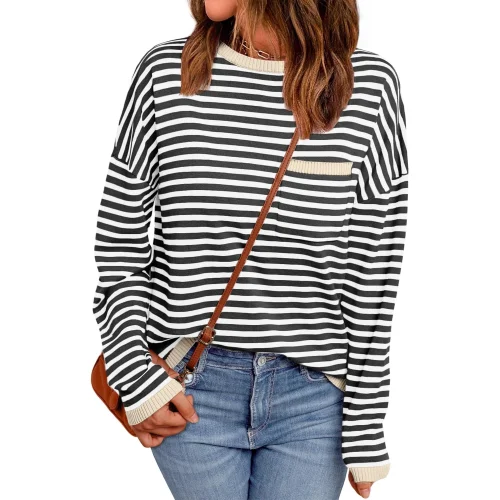 SUNBS Women's Striped Knit Pullover Top Crew Neck Long Sleeve Casual Shirt with Functional Pocket