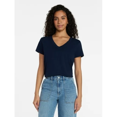Time and Tru Women&rsquo;s V-neck Slub Tee with Short Sleeves, Available in Sizes 1X-4X