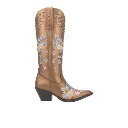 Dingo Poppy Floral Embroidered Metallic Studded Snip Toe Pull On Cowboy Boots for Women