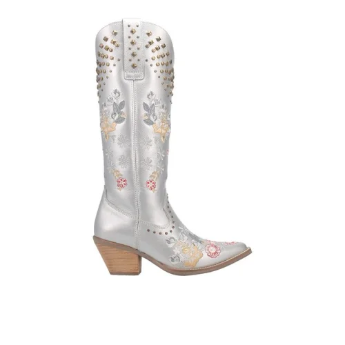 Dingo Poppy Floral Embroidered Metallic Studded Snip Toe Pull On Cowboy Boots for Women