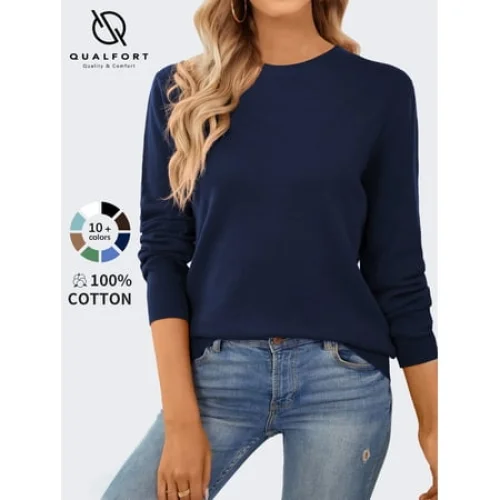 QUALFORT Women&rsquo;s 100% Cotton Pullover Sweater, Crew Neck Long Sleeve Lightweight Knit Top, Navy Large