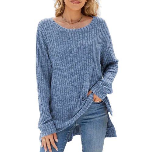 SHIBEVER Womens Long Sleeve Tunic Lightweight Crew-Neck Sweater Blouse in Blue, Size XL