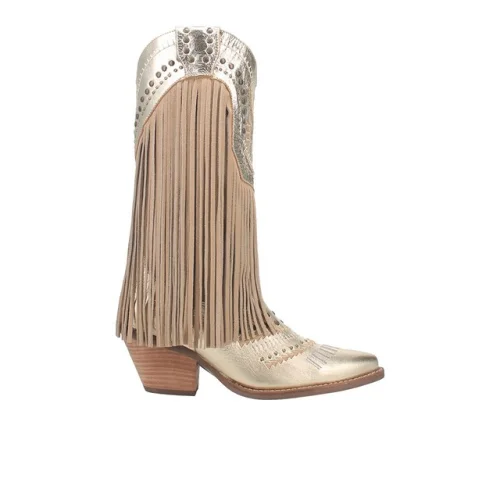 Dingo Gypsy Studded Fringe Metallic Snip Toe Pull On Cowboy Womens Gold Casual Boots