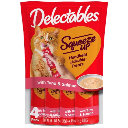 4 Count Hartz Delectables Squeeze Up Interactive Lickable Wet Cat Treats Tuna & Salmon, 0.5oz Tube