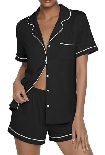 Ekouaer Womens Pajama Sets Button Up 2 Piece Short Sleeve Sleepwear with Classic Collar Design