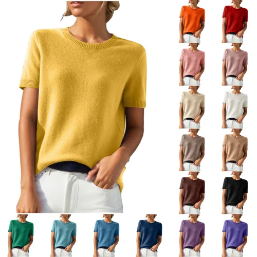 HADST Womens Lightweight Knit Sweater Crew Neck Short Sleeve Pullover Tops Solid Color Design