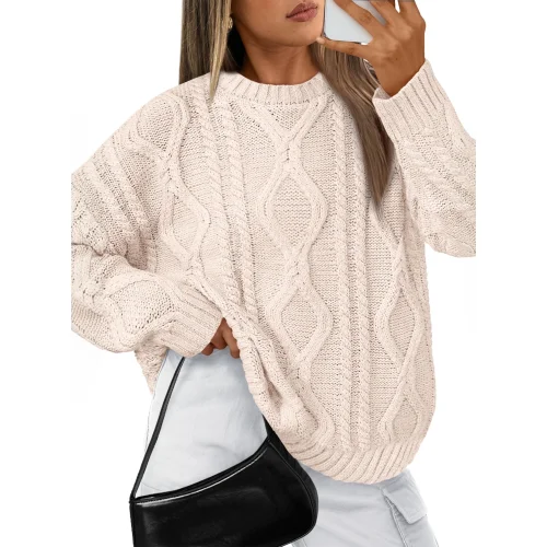 SUNBS Oversized Cable Knit Crewneck Pullover Sweater for Women Long Sleeve Casual Fall Top