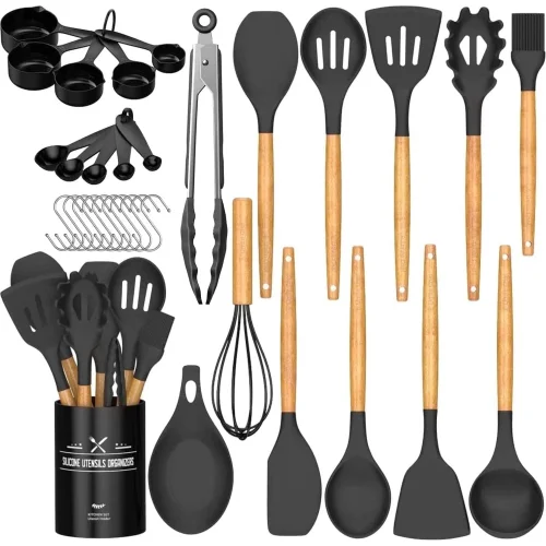 33-Piece Non-stick Silicone Cooking Kitchen Utensils Set with Wooden Handles and Holder, Black