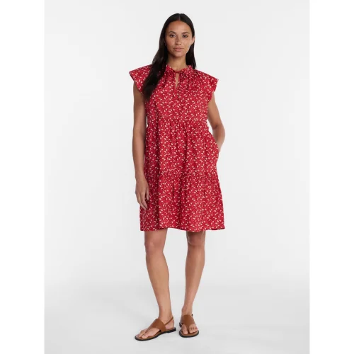 Time and Tru Women's Tiered Cotton Mini Dress with Flutter Sleeves, Rustic Red Floral, XS-4X