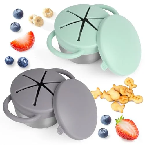 2 Pack Daximo Spill-Proof Toddler Snack Cups with Stainless Steel Base, Silicone Lids and Handles