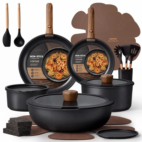 CAROTE 24-Piece Nonstick Cookware Set, Pots and Pans Set with Detachable Handle, Black