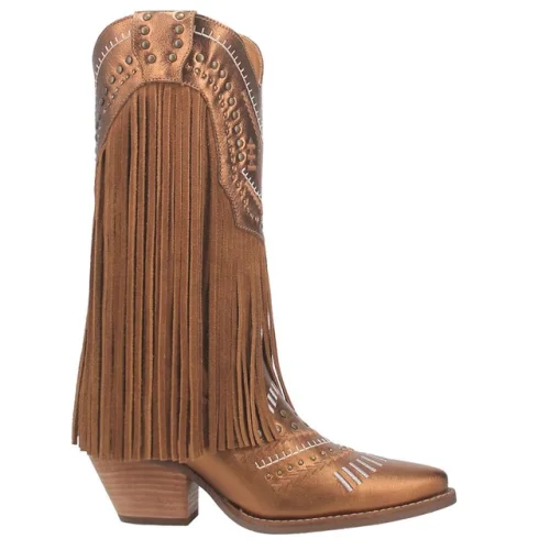 Dingo Gypsy Studded Fringe Metallic Snip Toe Pull On Women's Brown Casual Cowboy Boots
