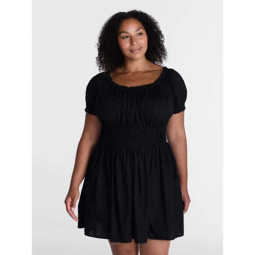 Time and Tru Women's Peasant Mini Dress with Puff Sleeves, Available in Sizes XS through XXXL