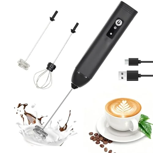 Milk Frother Handheld Rechargeable Electric Wand with 2 Stainless Steel Whisks and 3 Speeds (Black)