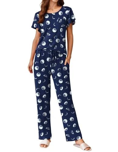 Ekouaer Womens 2 Piece Pajama Set Soft Short Sleeve Top and Long Pants Loungewear