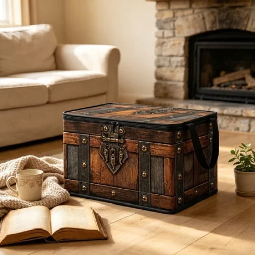 Twfbrm Vintage Treasure Chest Print Foldable Non-Woven Fabric Storage Box with Handle and Zipper