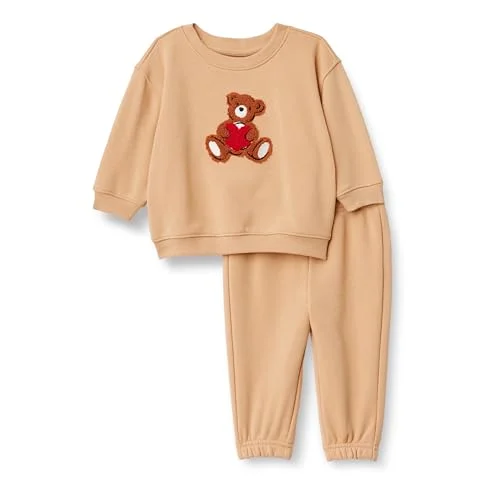Amazon Essentials x Sofia Grainge Unisex Babies' Sweatshirt & Sweatpant Set, Light Camel Big Bear