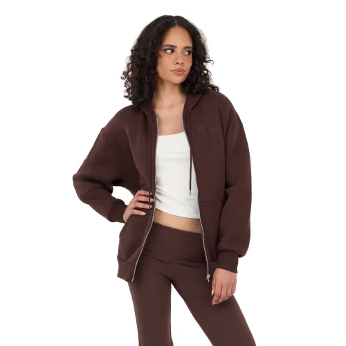 Forever 21 Women's Fleece Zip Up Hoodie with Front and Back Graphic Detail, Relaxed Fit, Brown