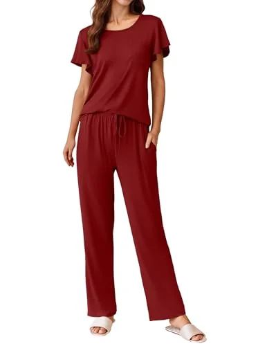 Ekouaer Womens Pajama Sets Soft 2 Piece Loungewear Short Sleeve Top and Long Pants with Pockets
