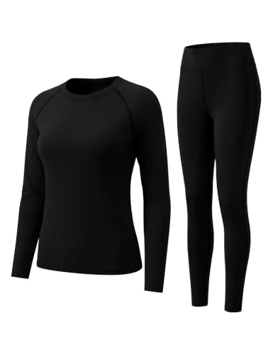 LOMON 2 Piece Set Thermal Underwear for Women Fleece Lined Base Layer Long Sleeve Top and Leggings