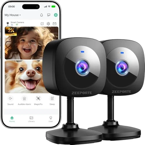 2-Pack ZEEPORTE 2K Indoor Cameras for Home Security, Baby Monitor and Pet Camera with Night Vision