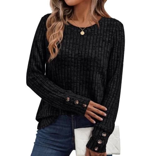 SUNBS Women's Long Sleeve Ribbed Knit Tunic Blouse with Button Cuffs and Crewneck Design
