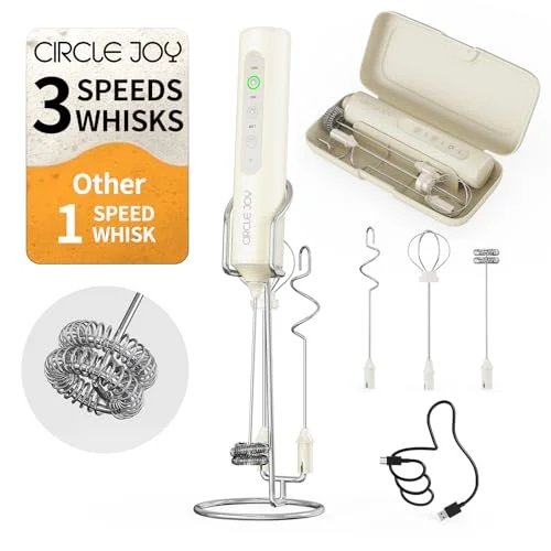 CIRCLE JOY Rechargeable Handheld Milk Frother Wand with Stand, 3 Variable Speeds, 3 Whisks and Storage Box, Electric Drink Mixer for Latte, Cappuccino, Hot Chocolate, Eggs and Protein Powder, Beige