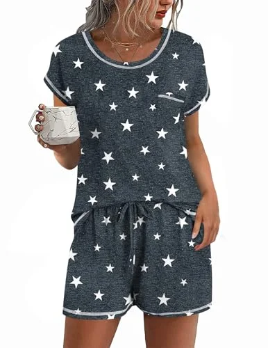 Ekouaer Womens 2 Piece Pajama Set with Short Sleeve Top and Shorts with Contrasting Collar Design