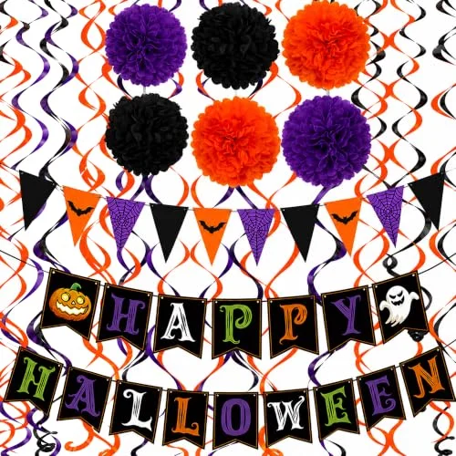 Halloween Decorations Set - HAPPY HALLOWEEN Banner with Hanging Swirls and Paper Pompoms