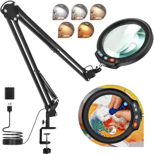 30X 12X Large Magnifying Glass with Light and Clamp, 5-Inch Optical HD Lens with Adjustable Arm