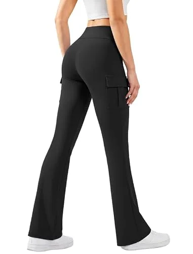 keriffe Women Flare Leggings with Pockets High-Waist Tummy Control Workout Yoga Pants in Black