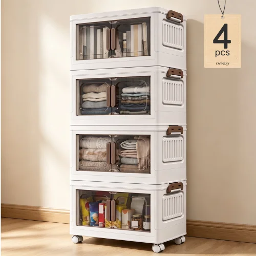OVINESY 110QT Stackable Storage Bins with Lids, 4-Tier Foldable Plastic Cabinet on Wheels
