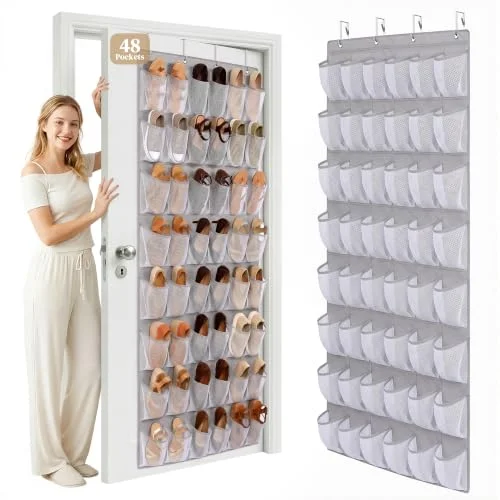 Ordovibe 48 Pockets Over the Door Shoe Organizer, Mesh Hanging Shoe Rack for Women, Gray