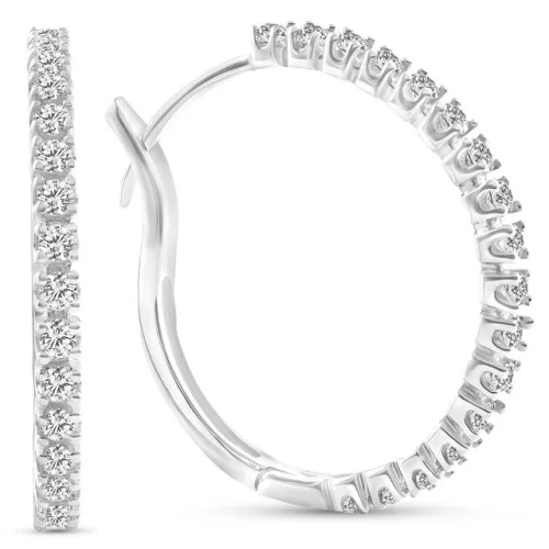 1/2 ct Diamond Hoops 10k White Gold 1" Tall Womens Earrings