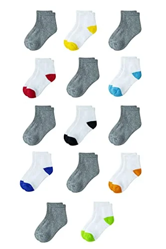 14-Pack Amazon Essentials Unisex Toddlers' Cotton Ankle Socks with Cushioned Sole, White/Grey, 2-3T