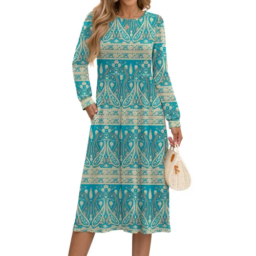 Fantaslook Long Sleeve Midi Dress for Women Casual Floral Flowy Fall Dress with Side Pockets
