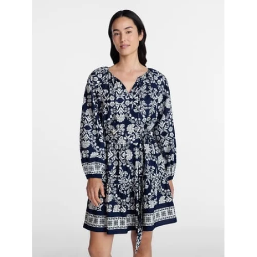 Time and Tru Women's Tie Neck Mini Peasant Dress, Available in Sizes XS through 4X for Every Body