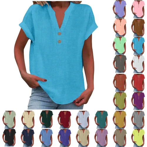Sawvnm Women's Fashion Solid Button Shirt V-Neck Loose T-shirt Blouse in Blue Size Large