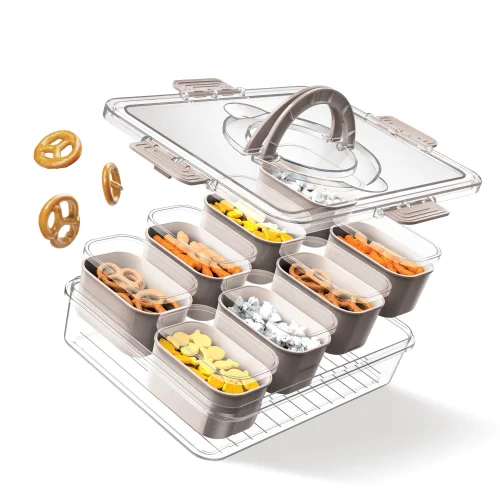 Cook with Color Taupe 8-Compartment Food Storage Carrier and Charcuterie Tray with Lids and Handle
