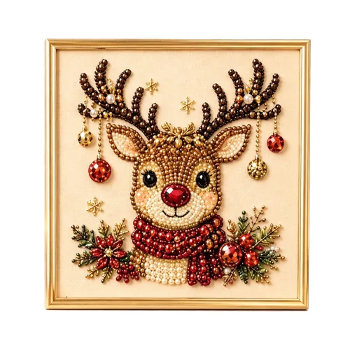JWZZYD DIY Christmas Pearl Painting Art Kit with Frame, 9.8-inch Reindeer Pearl Beads Craft Set